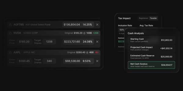 Portfolio Shift v2 interface showing unified target portfolios with funds, ETFs, and stocks