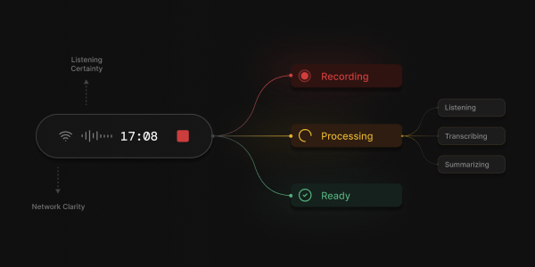 Conversations recording interface with real-time connection status and live waveforms